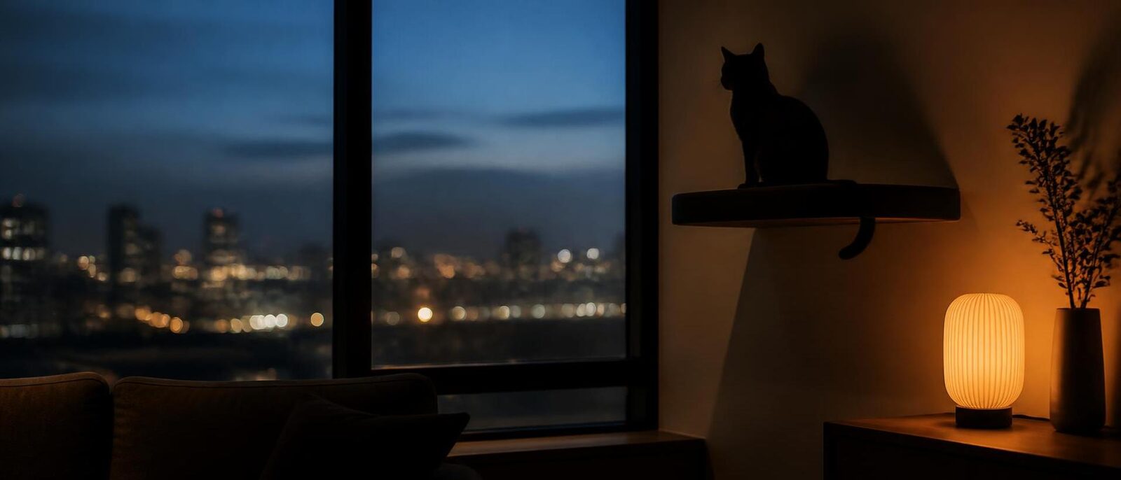A cat on a wall shelf at dusk, city lights beyond the window