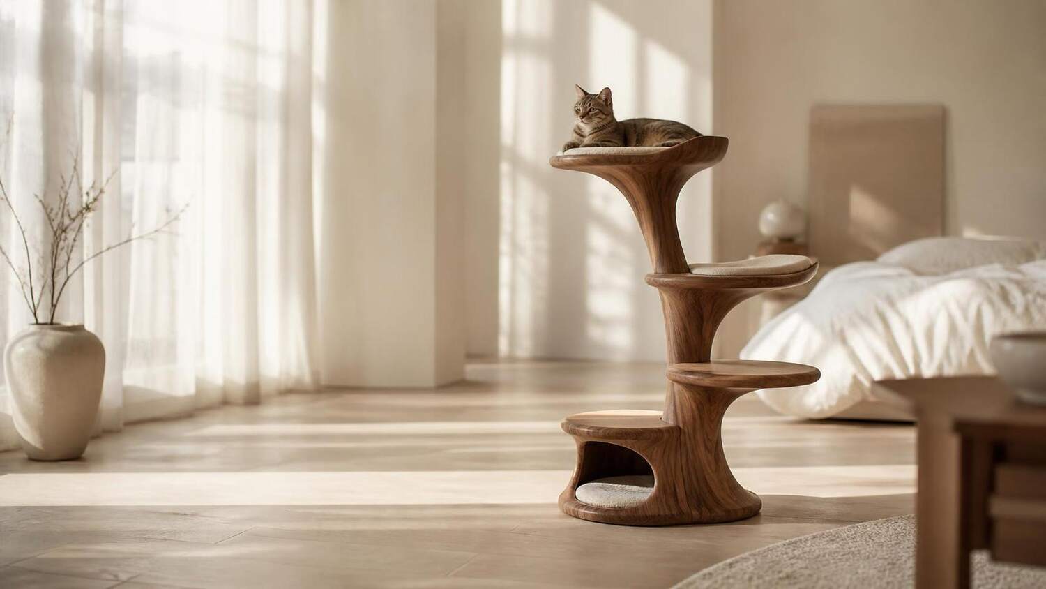A sunlit apartment with a walnut cat tree by the window
