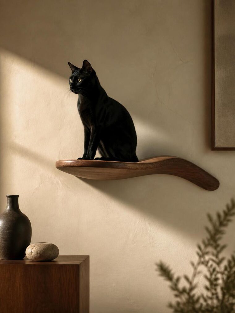 A cat on a walnut wall shelf